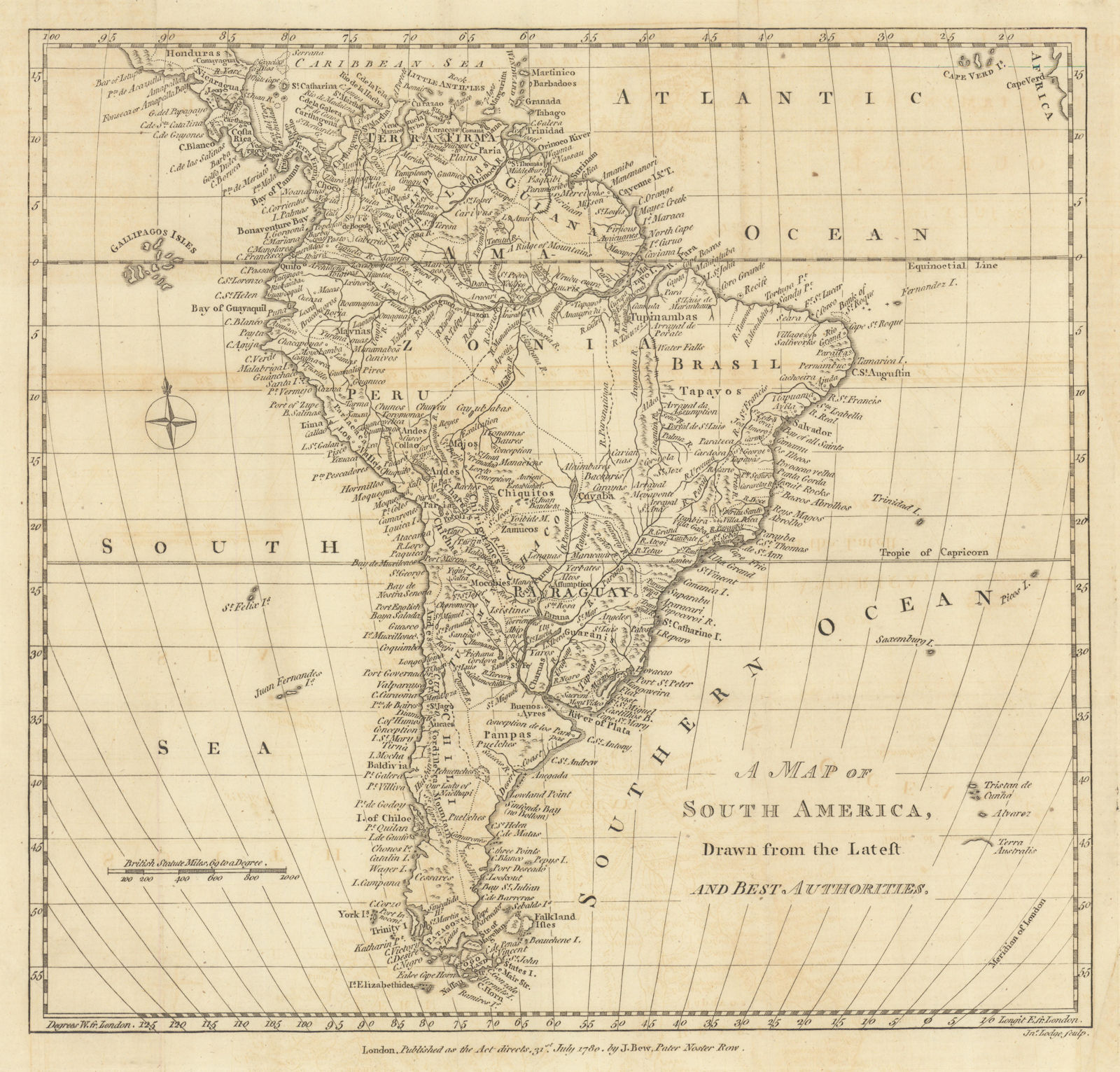A Map of South America, drawn from the Latest & Best Authorities. LODGE 1780