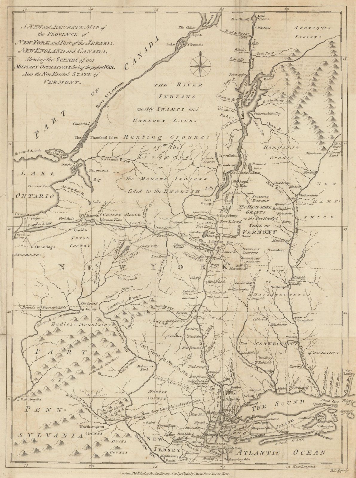 The Province of New York & Part of the Jerseys, New England… JOHN LODGE 1780 map