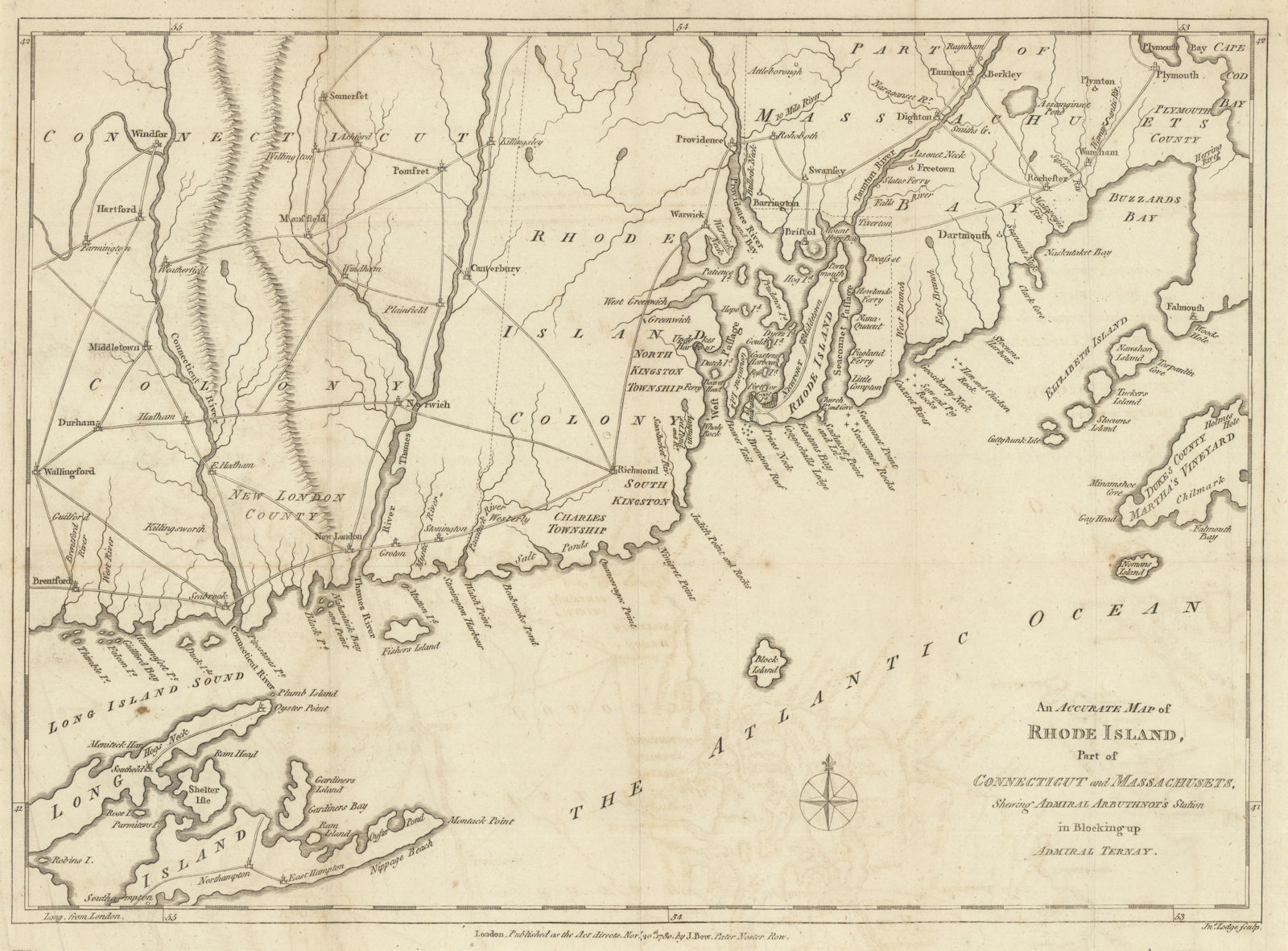 Associate Product Rhode Island, part of Connecticut & Massachusetts shewing… LODGE 1780 old map