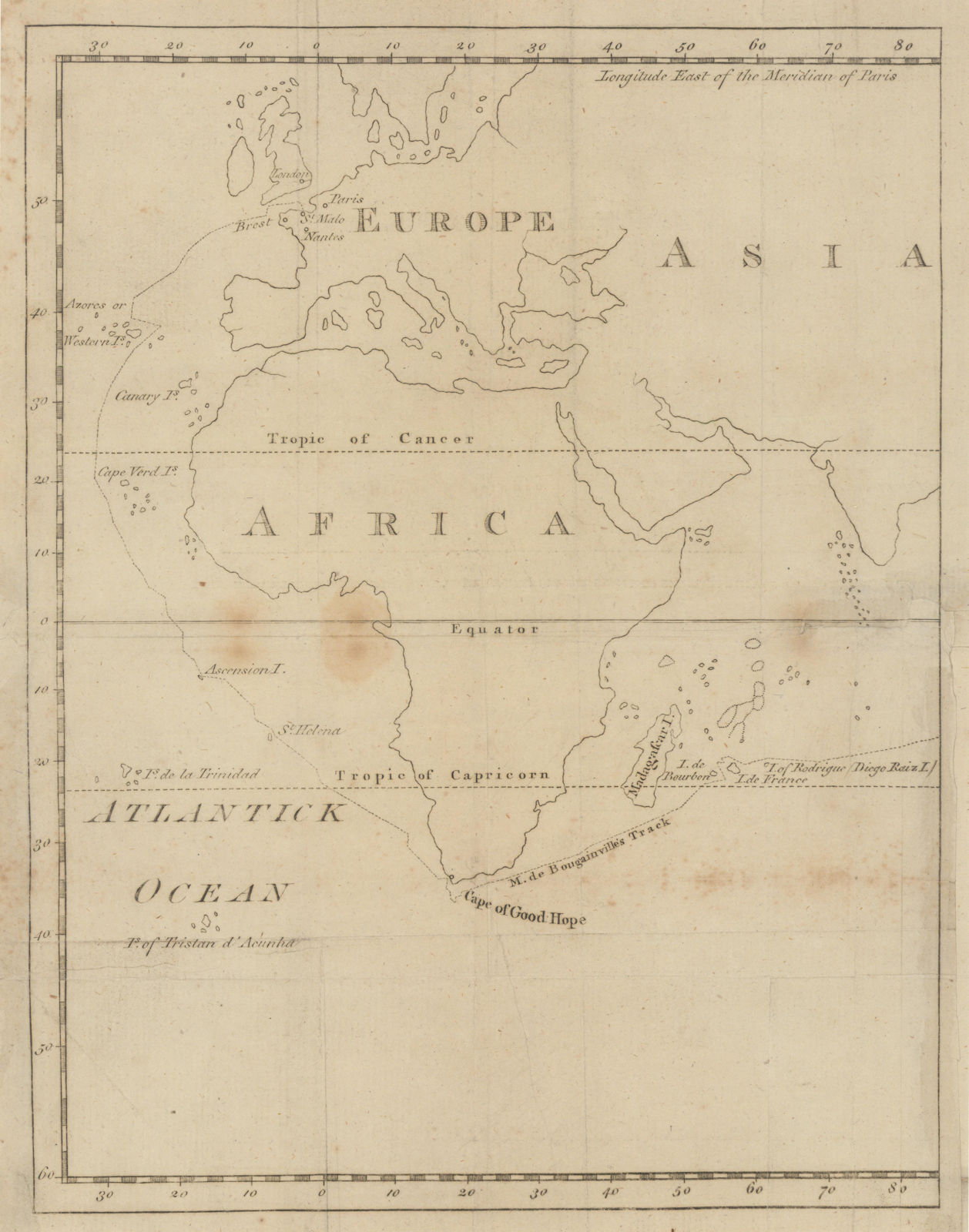 Bougainville's 1766 circumnavigation. France-Africa-Réunion. GENTS MAG 1774 map