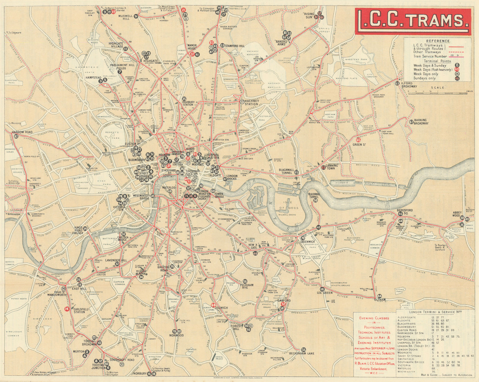 L.C.C. Trams. London County Council Tramways routes 1920 old antique map chart