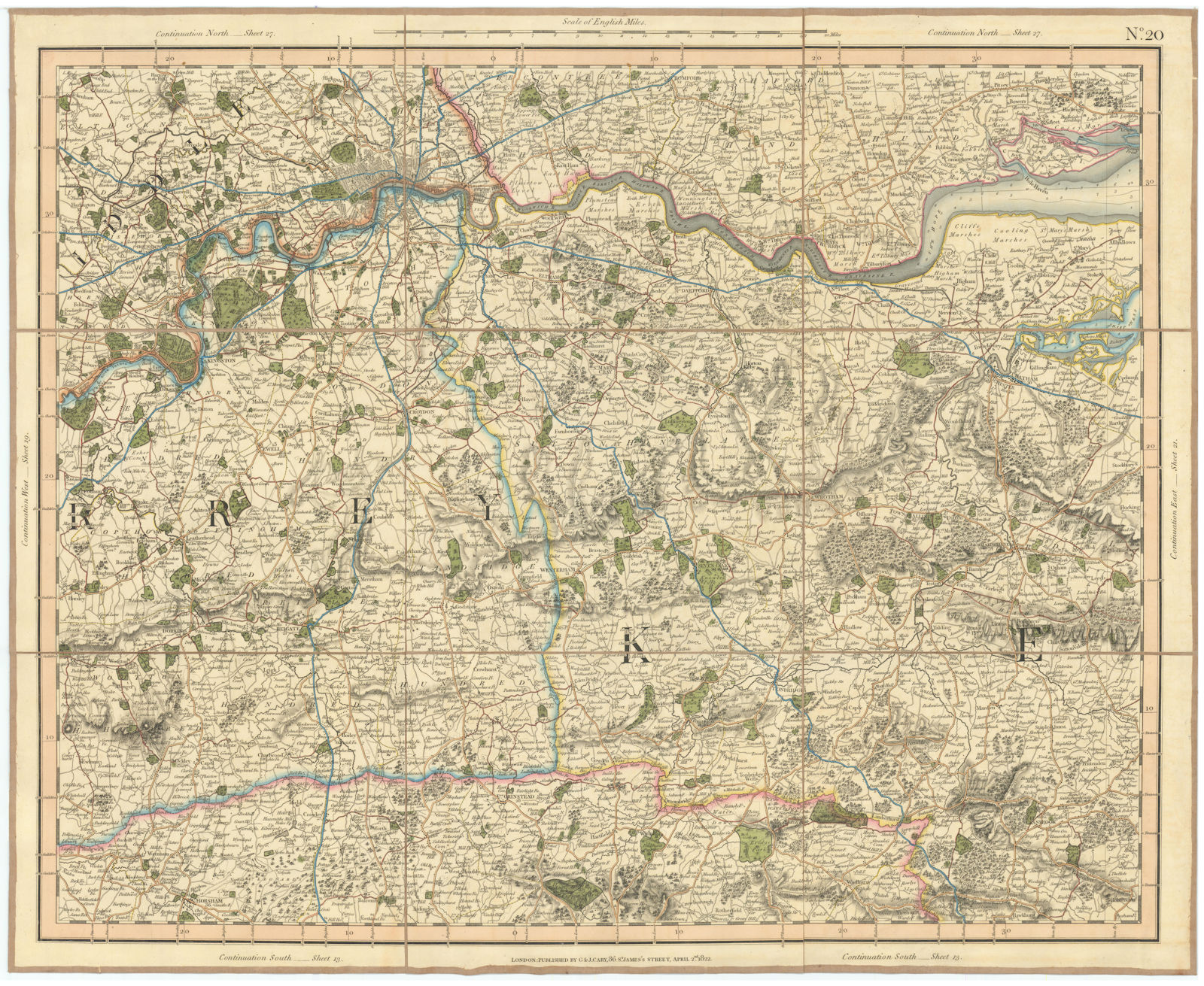 LONDON, THAMES ESTUARY, NORTH DOWNS & HIGH WEALD. W Kent, E Surrey CARY 1832 map