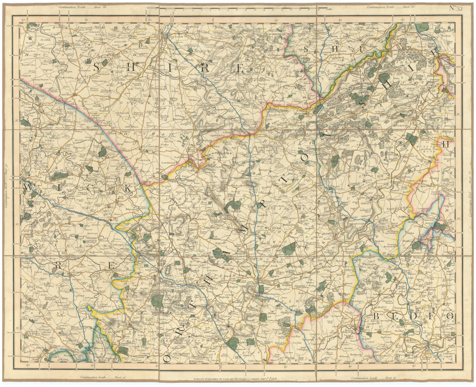 Associate Product EAST MIDLANDS. Northamptonshire, E Warwickshire, S Leicestershire. CARY 1832 map