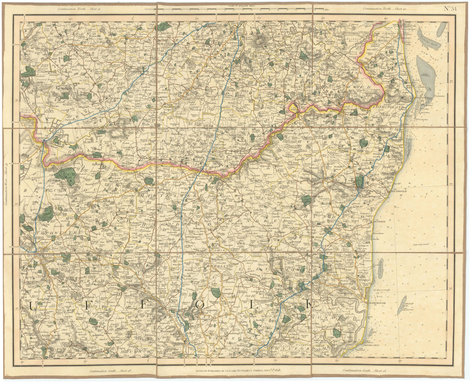 SUFFOLK COAST & HEATHS. Southern Norfolk Broads. Deben Stowmarket. CARY 1832 map