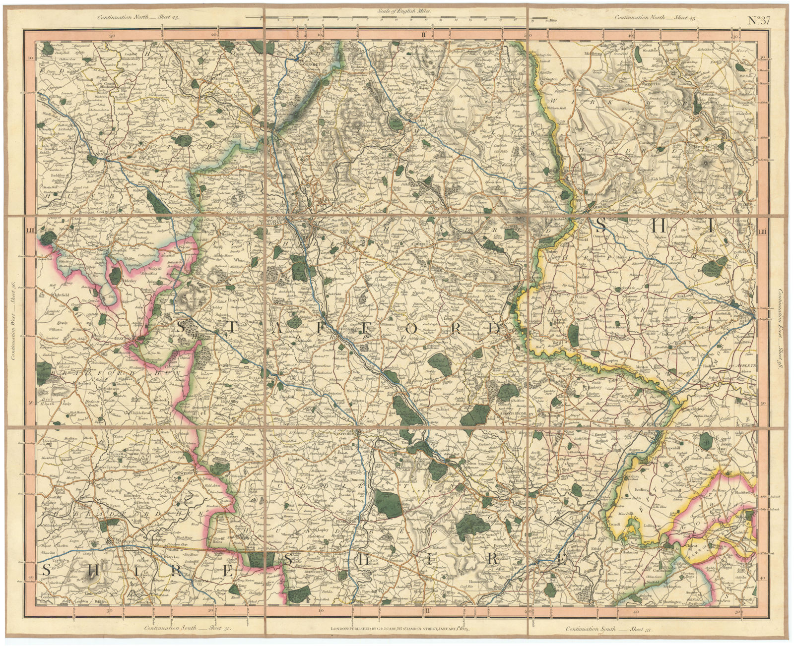STAFFORDSHIRE, NE Shropshire, SE Cheshire, SW Derbyshire. CARY 1832 old map