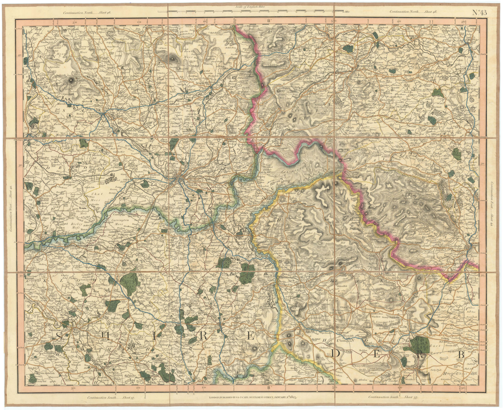 PEAK DISTRICT. Derbyshire Lancashire Cheshire Yorkshire Manchester CARY 1832 map
