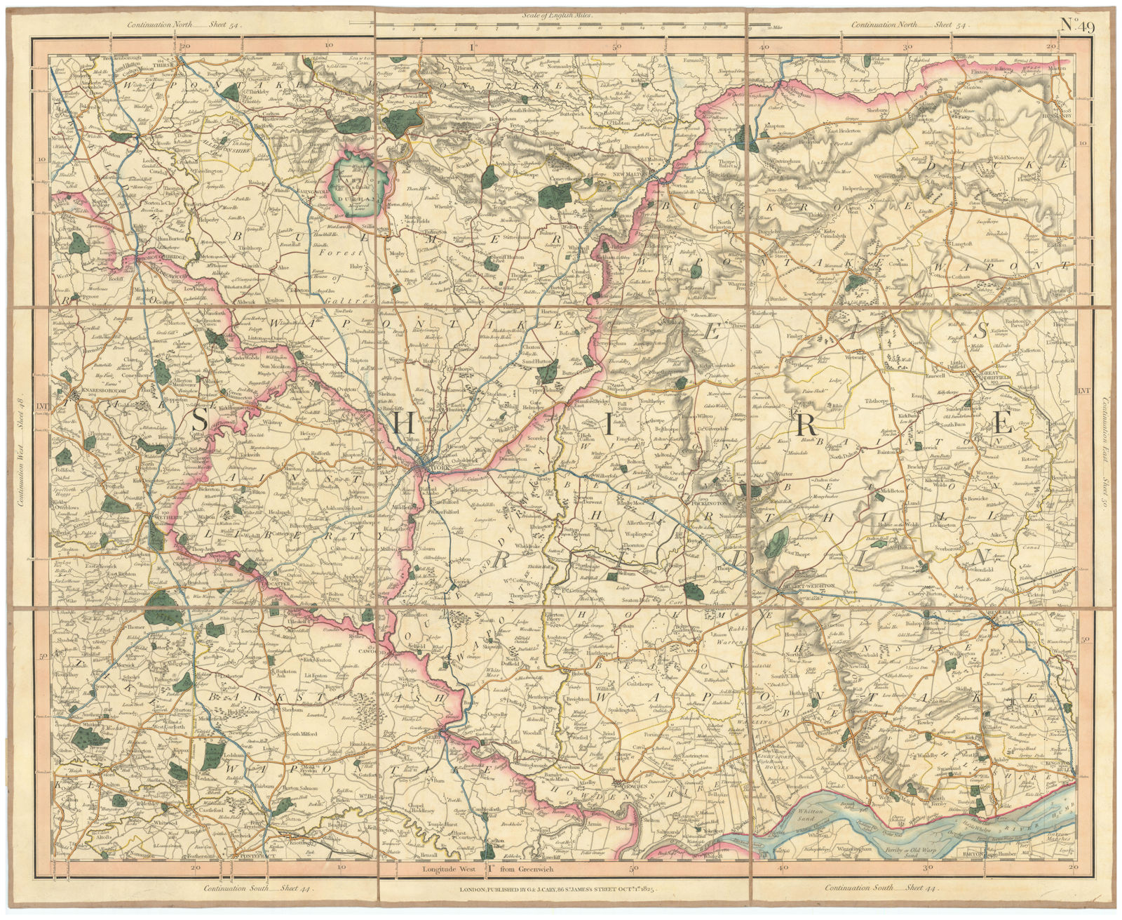 THE YORKSHIRE WOLDS. York & Ainsty Liberty. CARY 1832 antique map chart