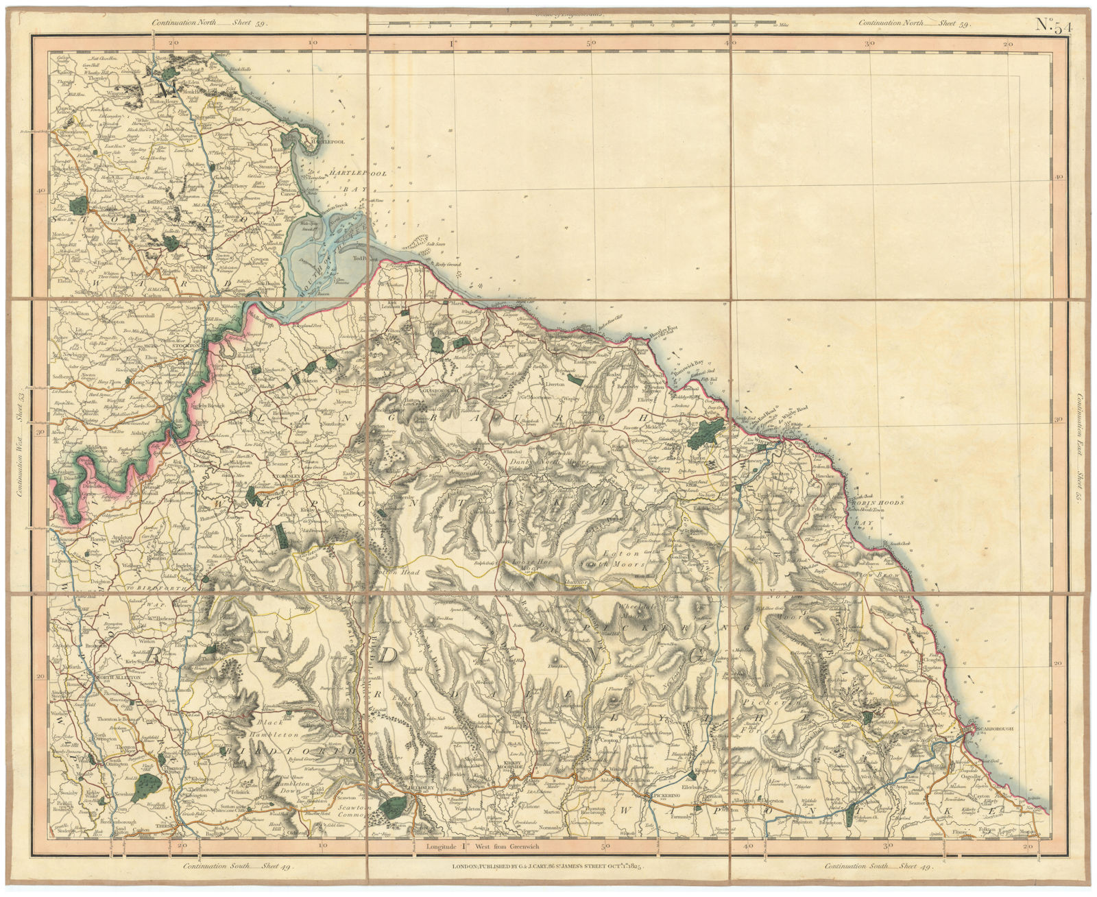 TEESIDE & NORTH YORK MOORS. SE County Durham, North Yorkshire. CARY 1832 map