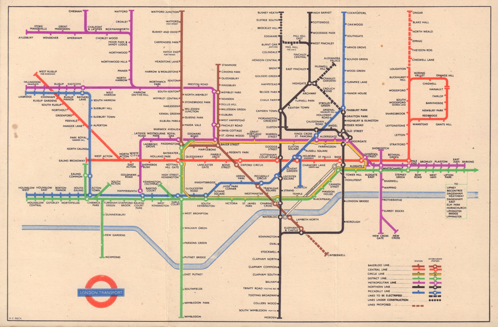 LONDON UNDERGROUND tube map plan. Alexandra Palace. South Acton. HARRY BECK 1949