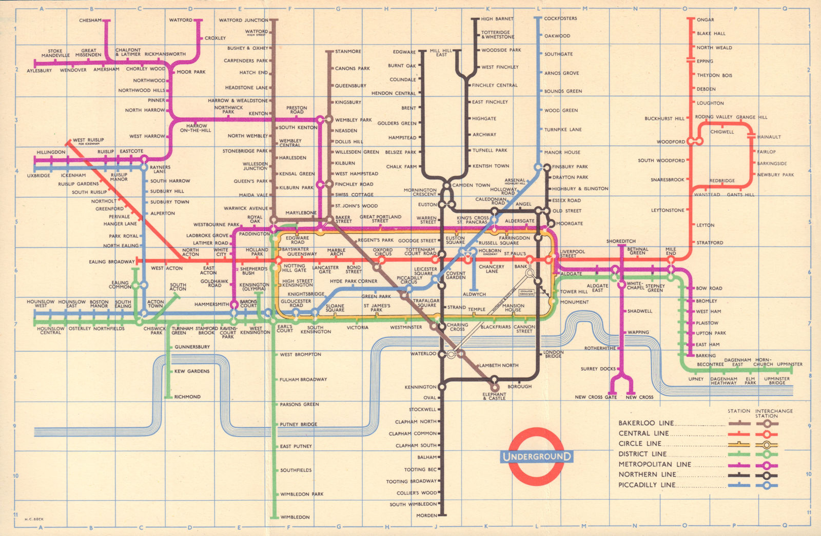 LONDON UNDERGROUND tube map plan. South Acton Aylesbury. HARRY BECK January 1958