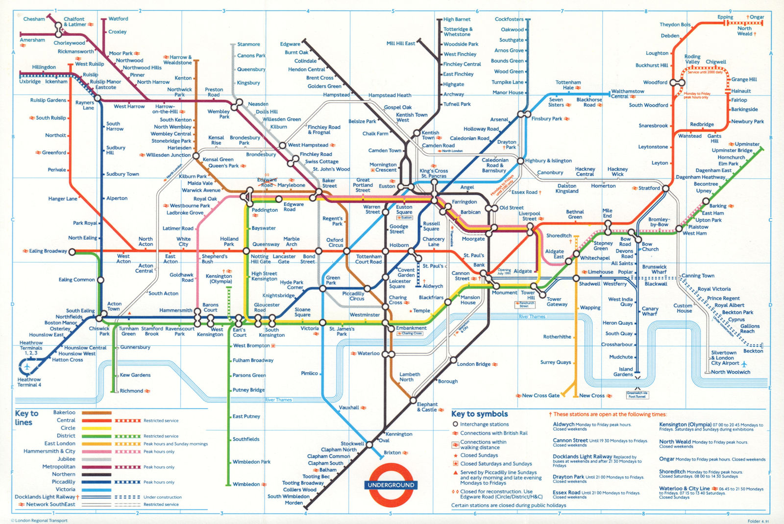 LONDON UNDERGROUND tube journey planner map. DLR Bank open/Beckton u/c. May 1991
