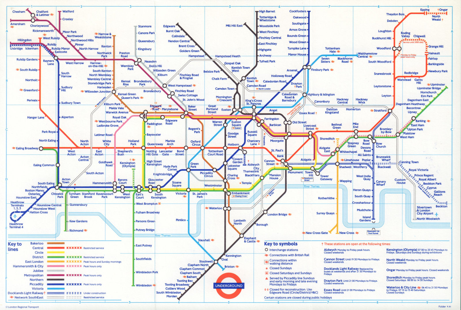 LONDON UNDERGROUND tube journey planner map DLR Bank open/Beckton u/c. Sept 1991