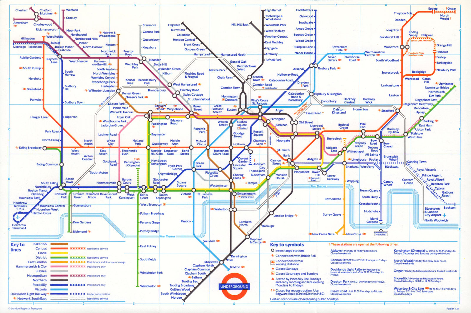 LONDON UNDERGROUND tube journey planner map. DLR Bank open/Beckton u/c. Oct 1991