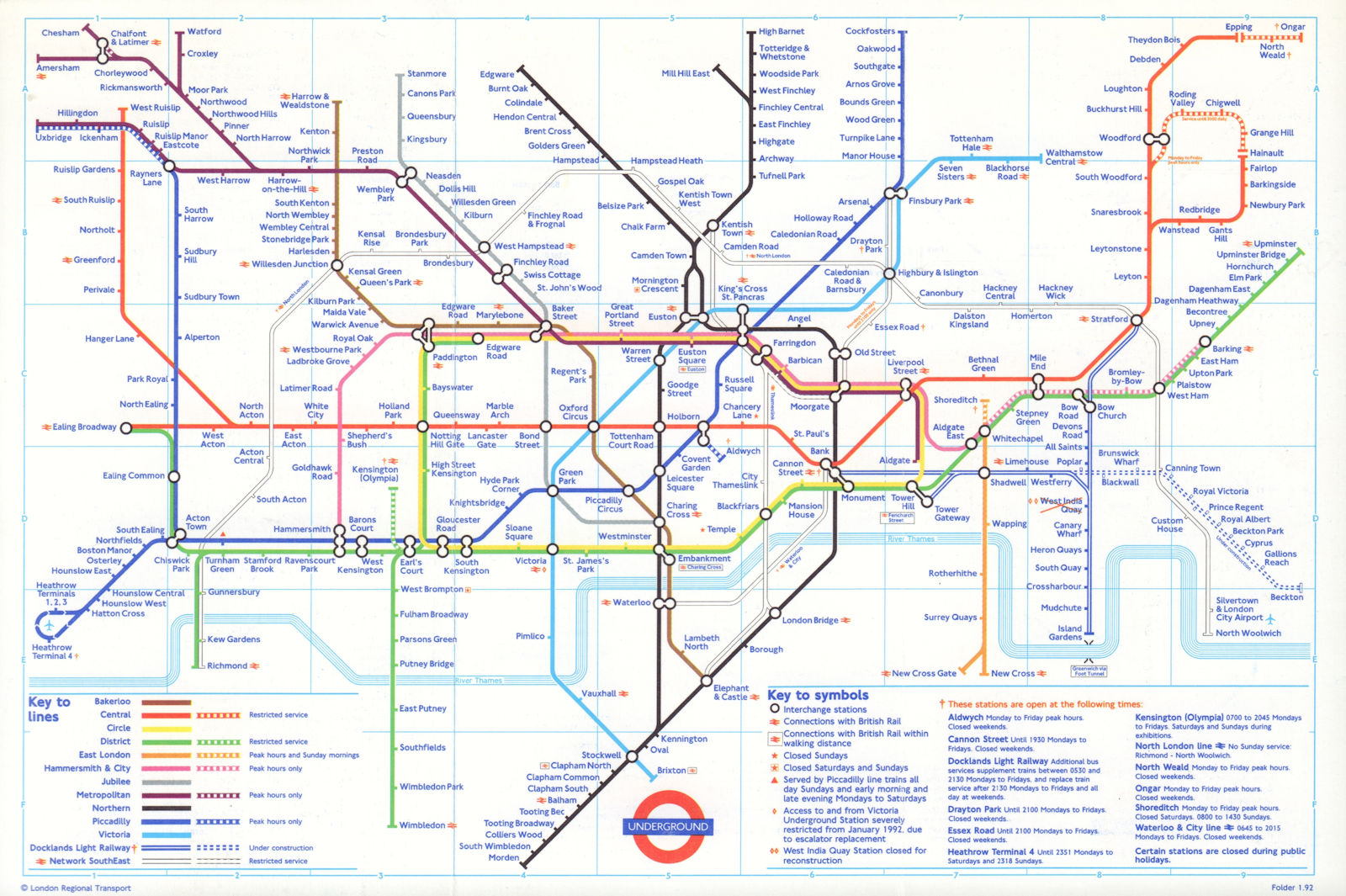 LONDON UNDERGROUND tube journey planner map. DLR Bank open/Beckton u/c. Jan 1992