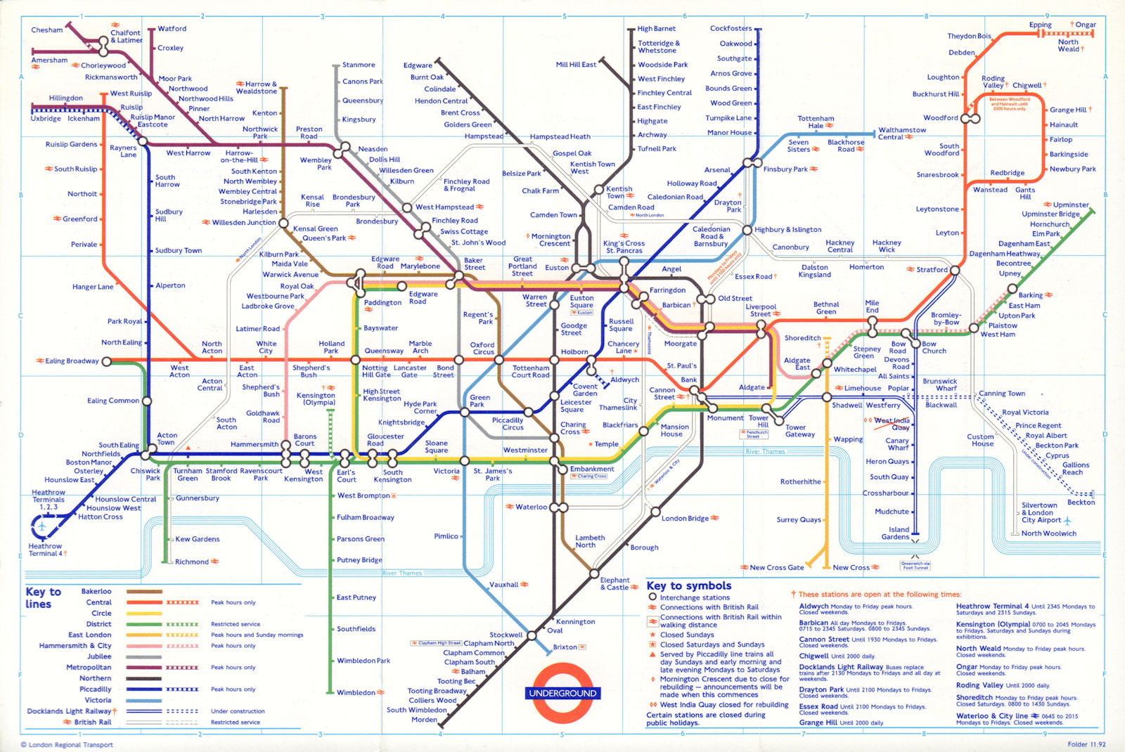 LONDON UNDERGROUND tube journey planner map. Hainault loop reopened. Oct 1992
