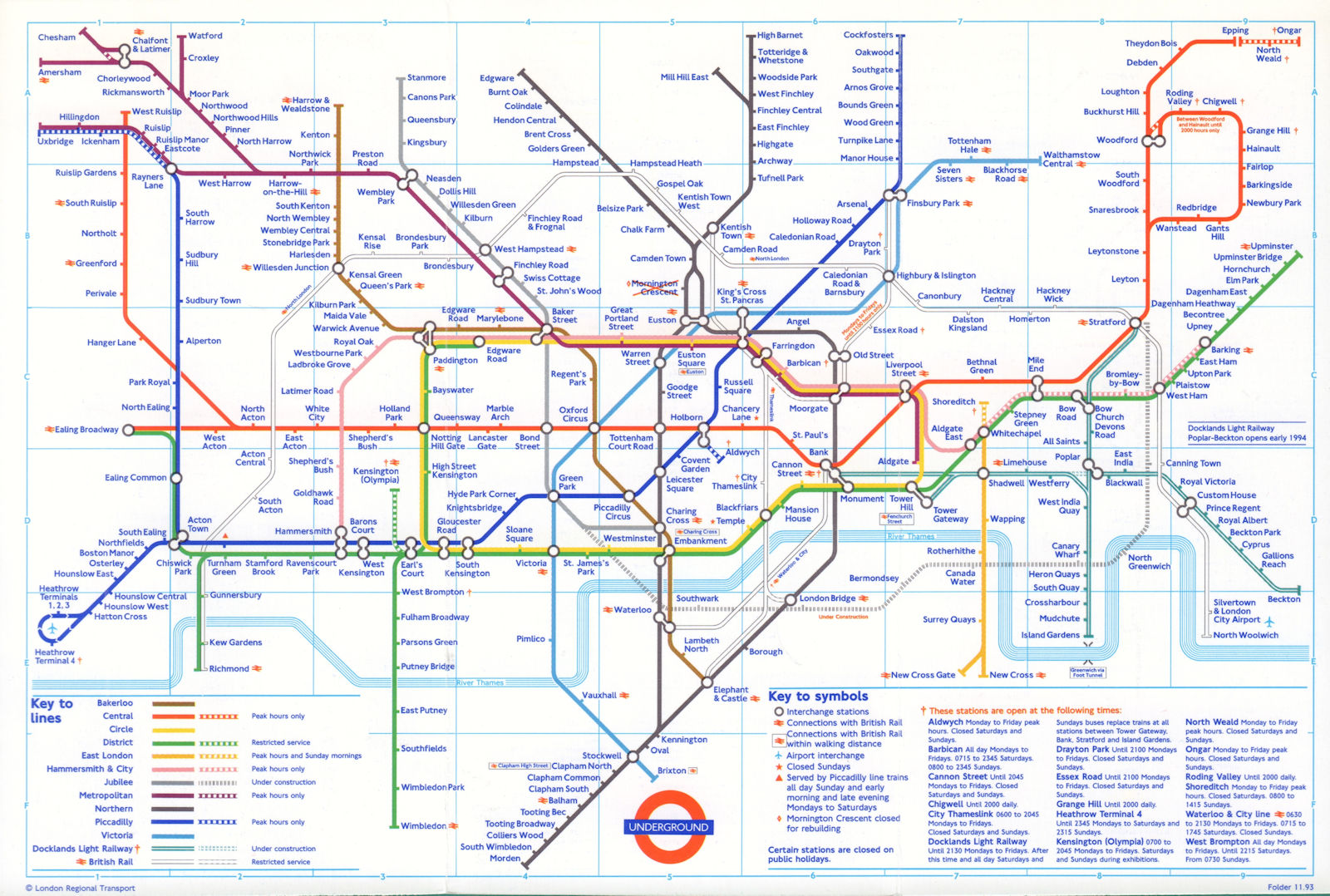 LONDON UNDERGROUND tube journey planner map. Beckton open. Jubilee u/c. Dec 1993