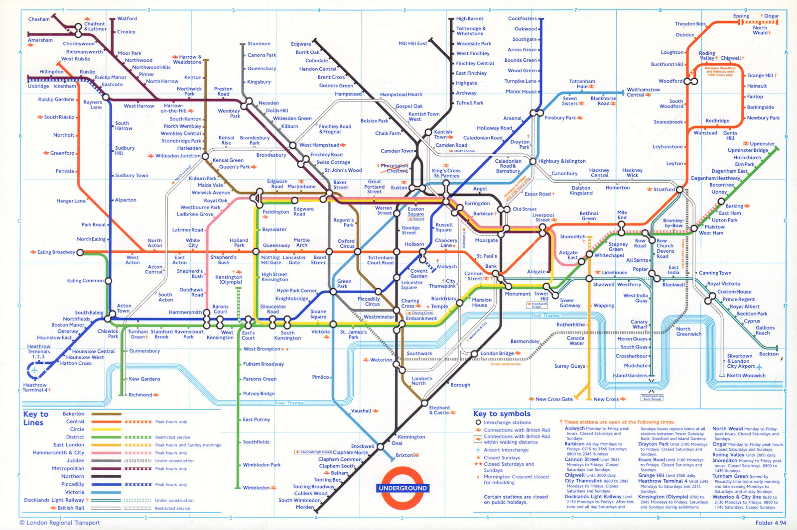 LONDON UNDERGROUND tube journey planner map. Beckton open. Jubilee u/c. May 1994