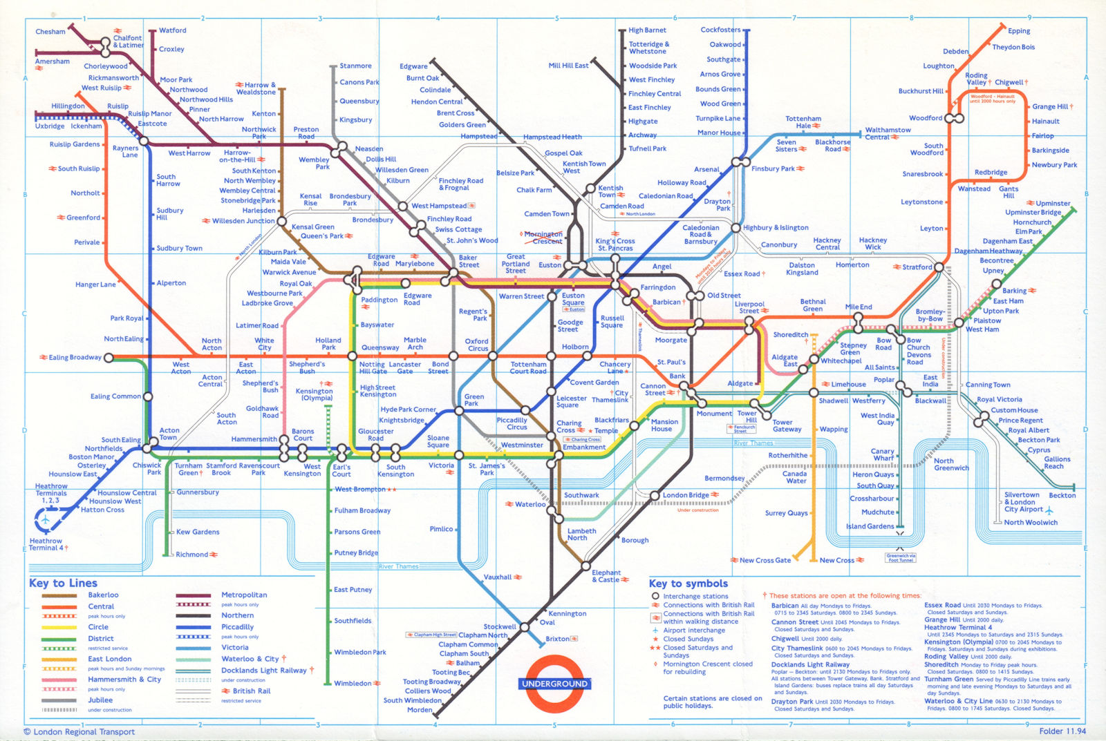 LONDON UNDERGROUND tube map. Waterloo & City line Ongar/Aldwych shut. Jan 1995