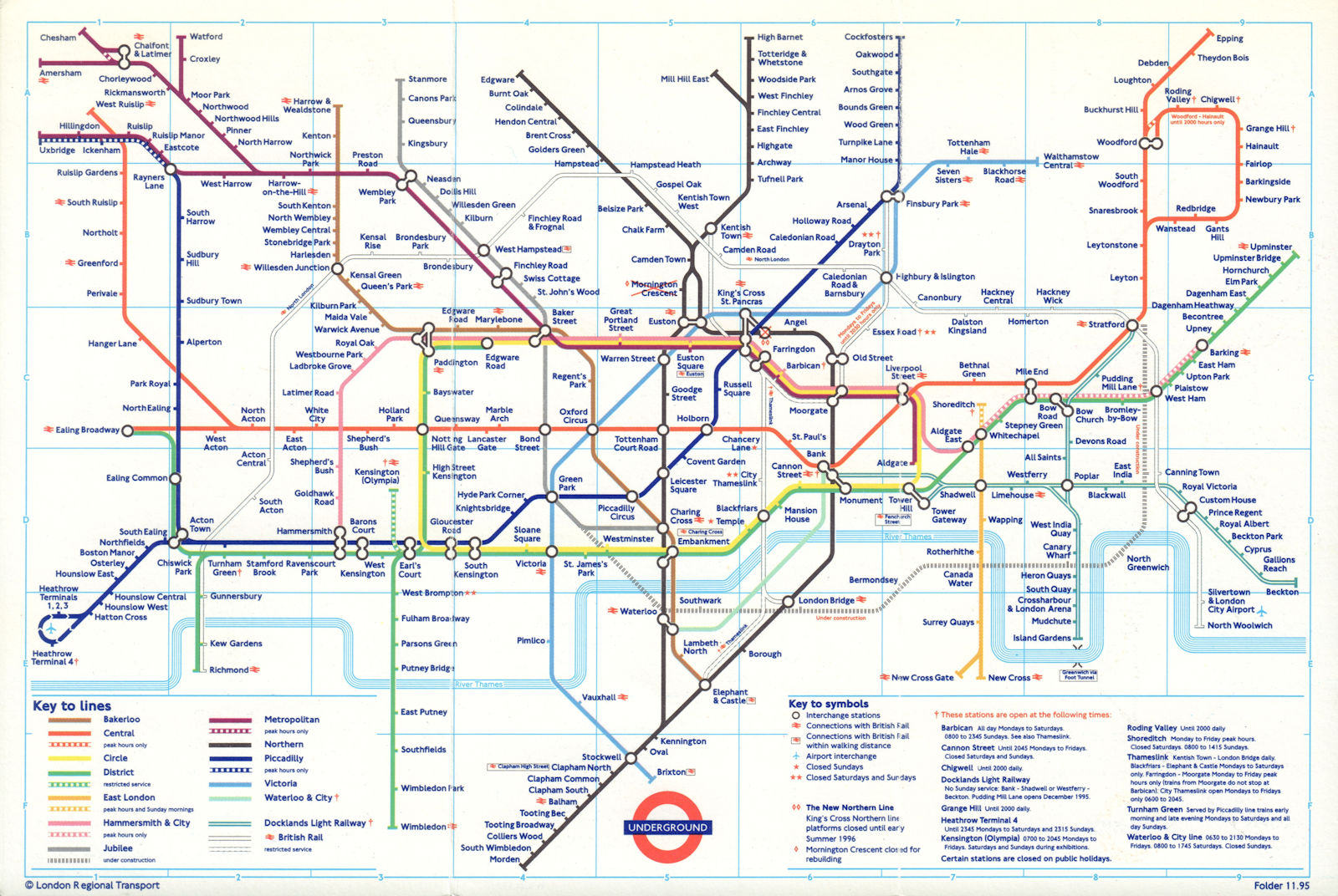 LONDON UNDERGROUND tube map. Jubilee line u/c. Pudding Mill Lane. November 1995