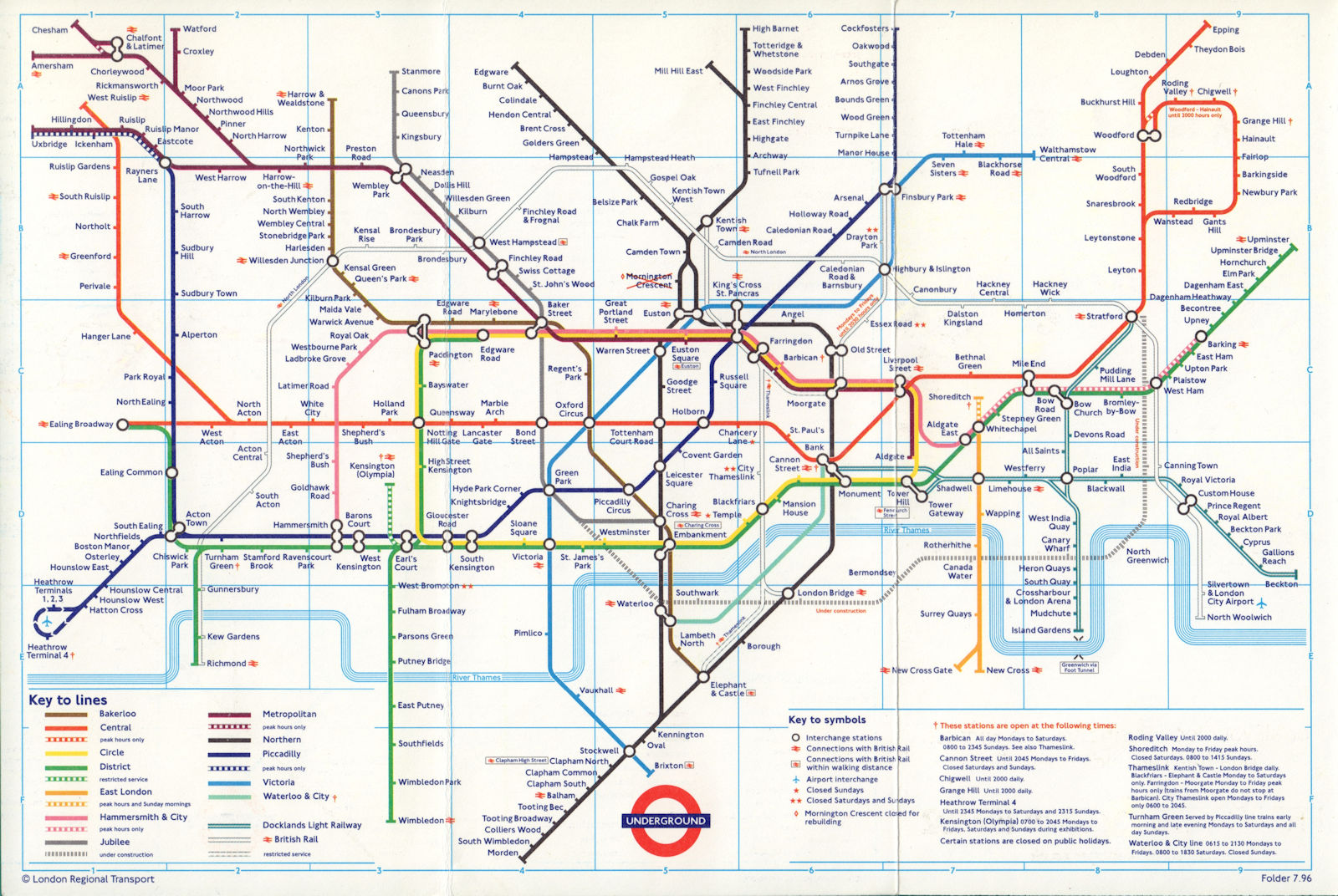 LONDON UNDERGROUND tube map. Jubilee line under construction. July 1996