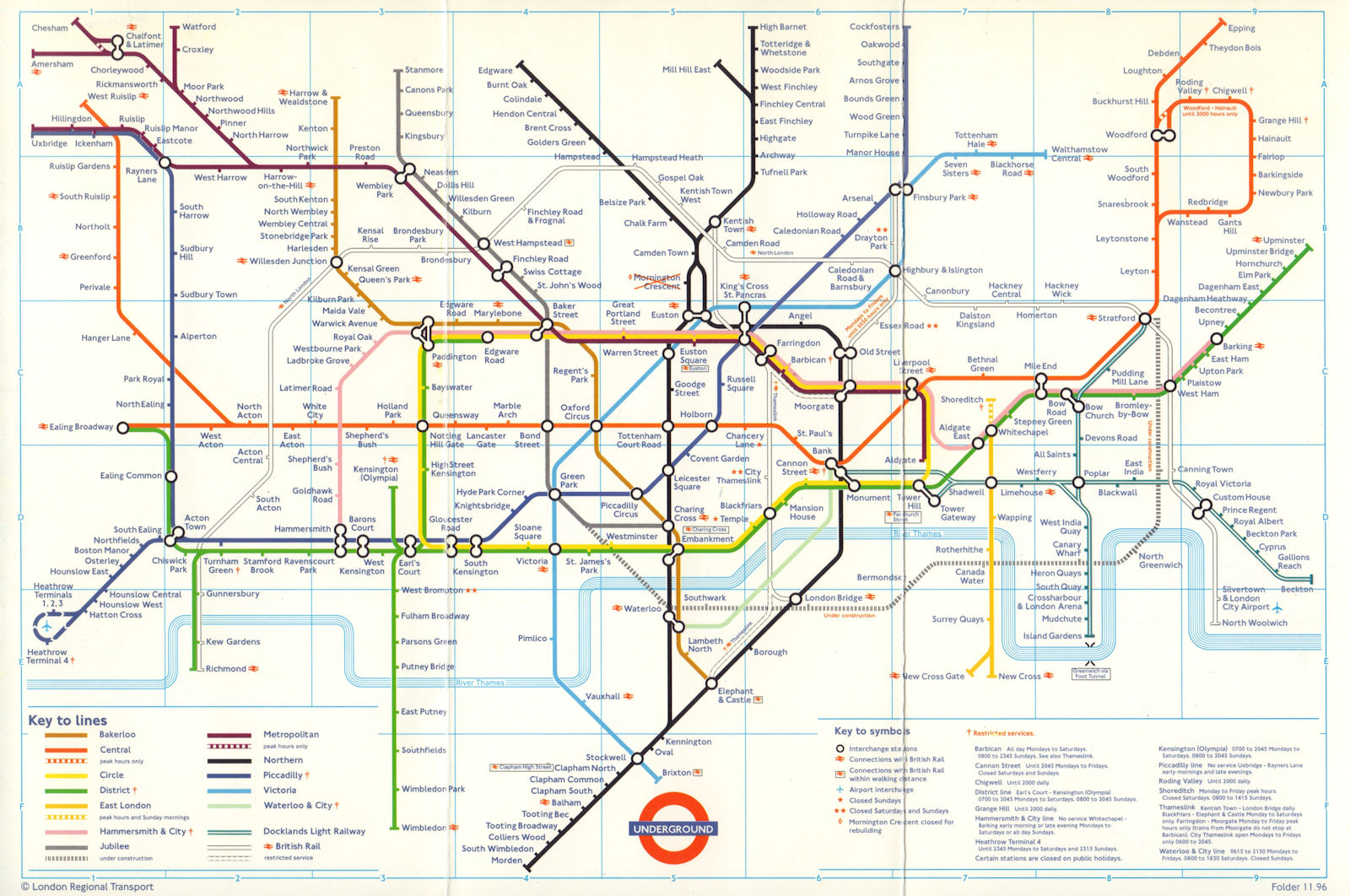 LONDON UNDERGROUND tube map. Jubilee line under construction. November 1996