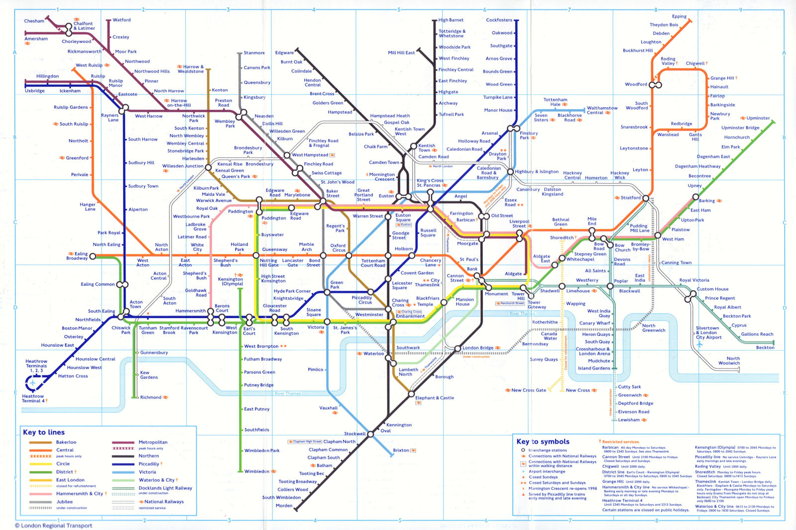 LONDON UNDERGROUND tube map East London line shut. Lewisham DLR u/c. Oct 1997