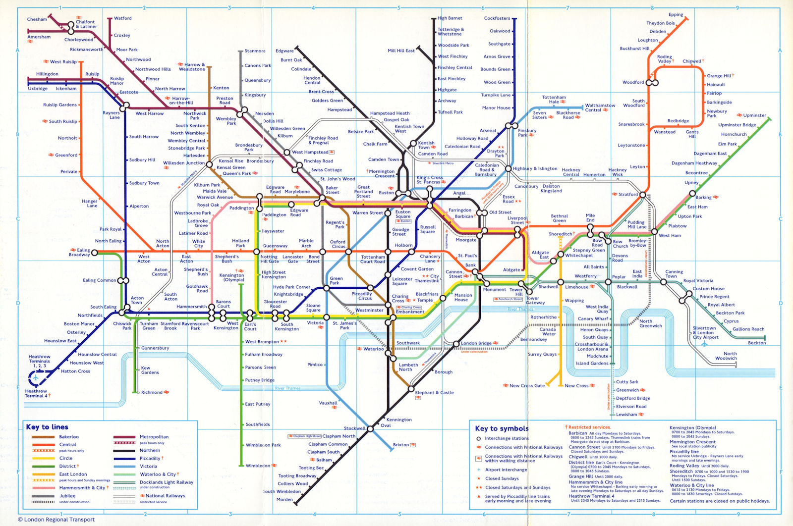 LONDON UNDERGROUND tube map East London line reopened. Lewisham DLR. July 1998