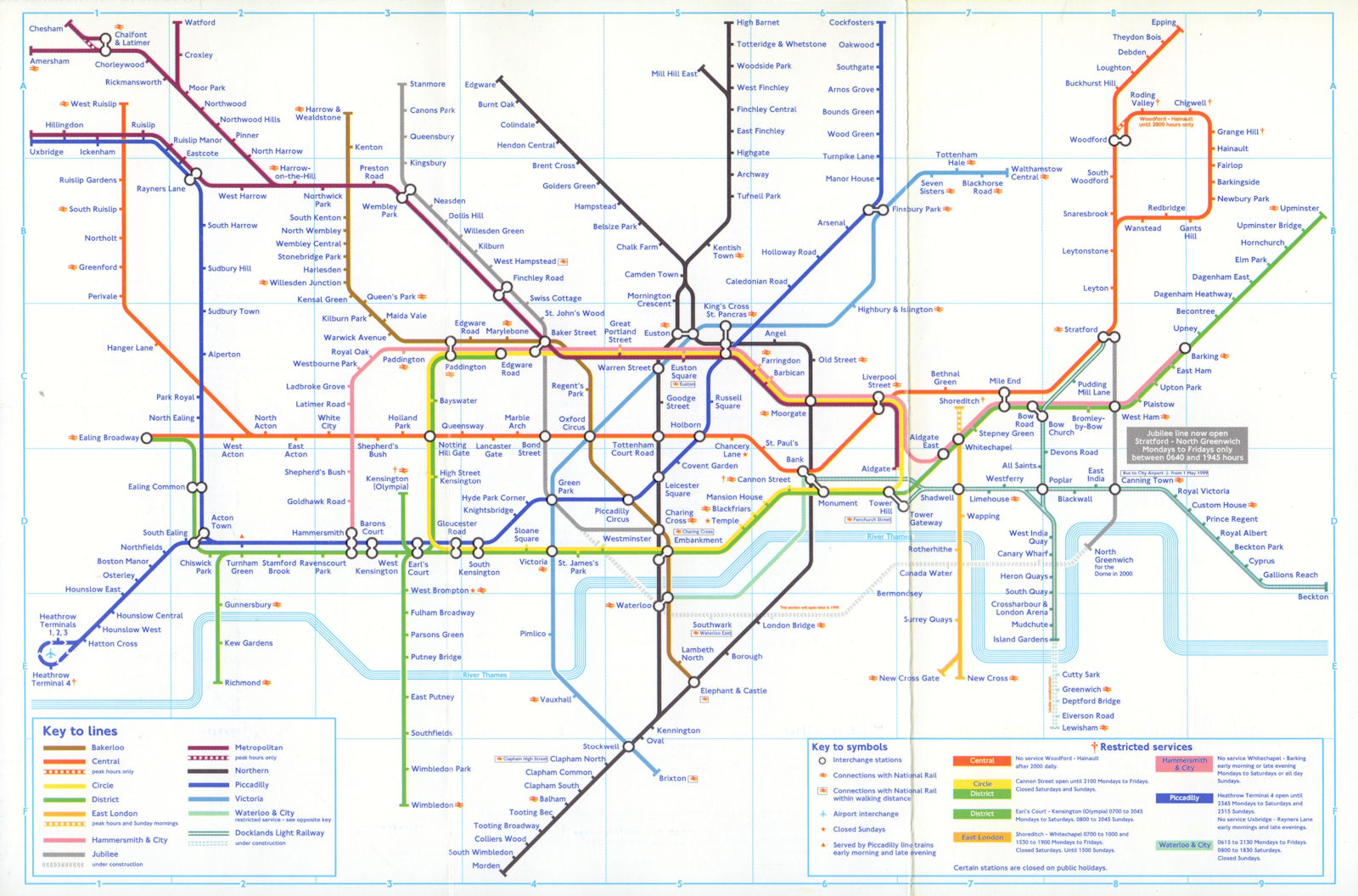 LONDON UNDERGROUND tube map. Jubilee open Stratford-North Greenwich. June 1999