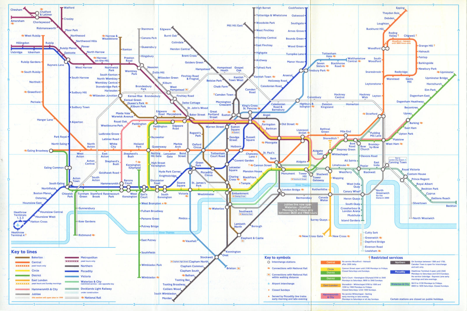 LONDON UNDERGROUND tube map Jubilee line open Stratford-Waterloo. September 1999