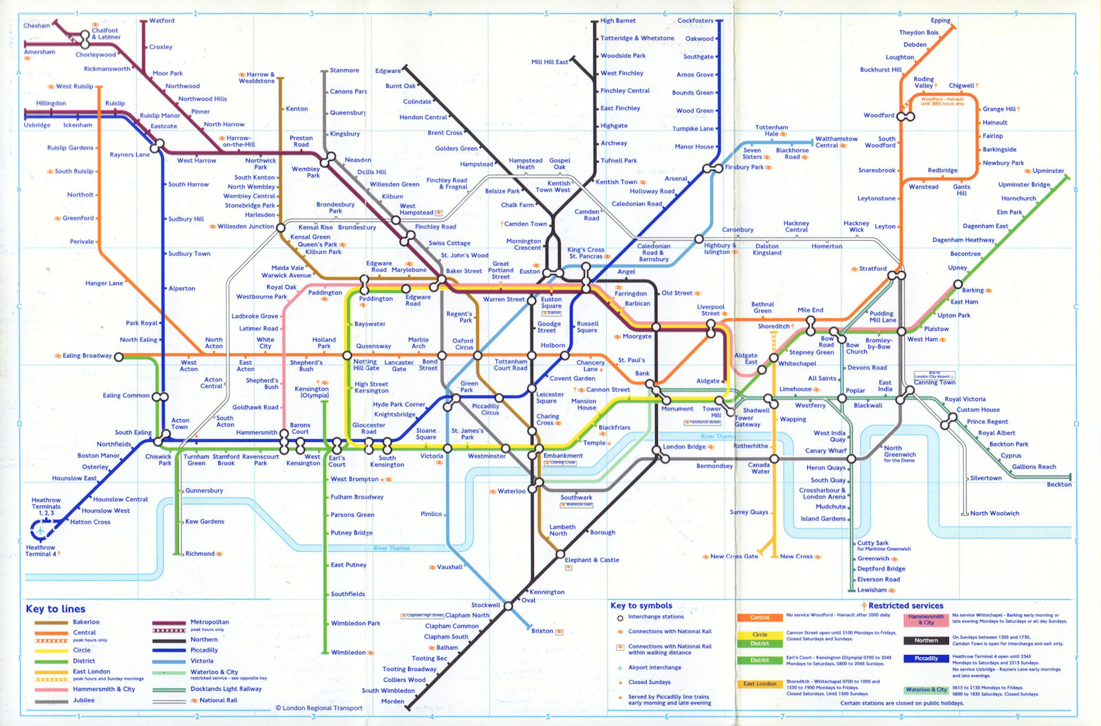 LONDON UNDERGROUND tube map. Jubilee line & Lewisham DLR complete. February 2000