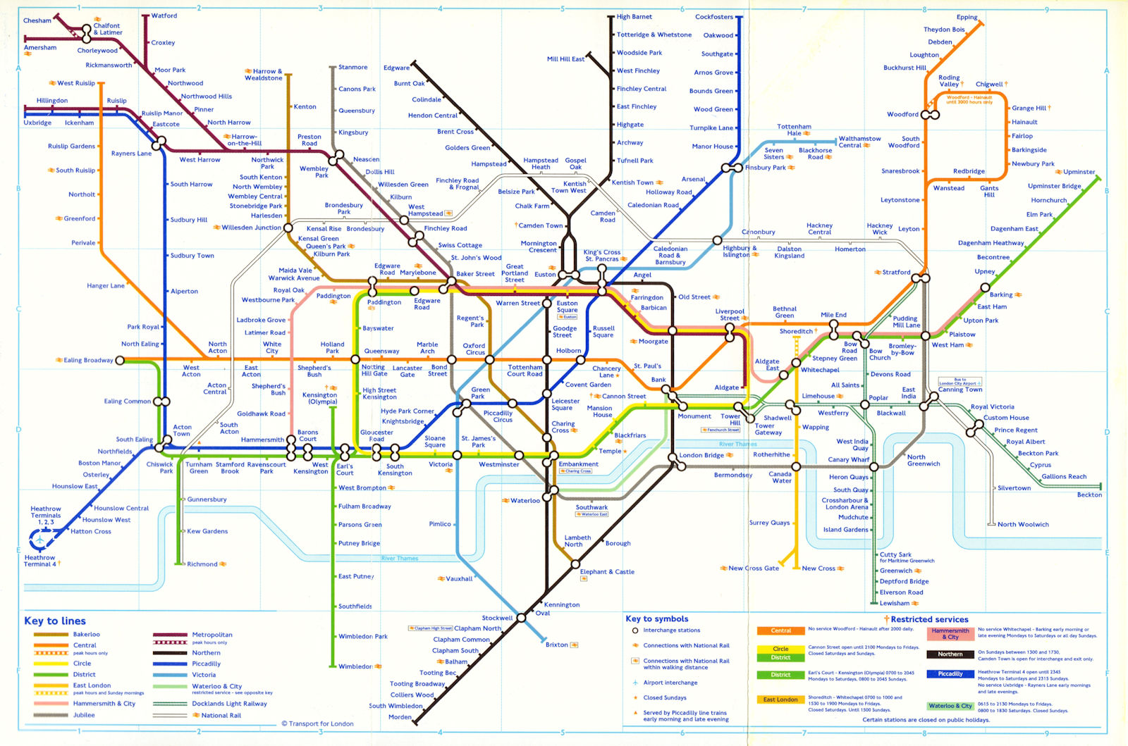 LONDON UNDERGROUND tube map. Jubilee line & Lewisham DLR complete. February 2001
