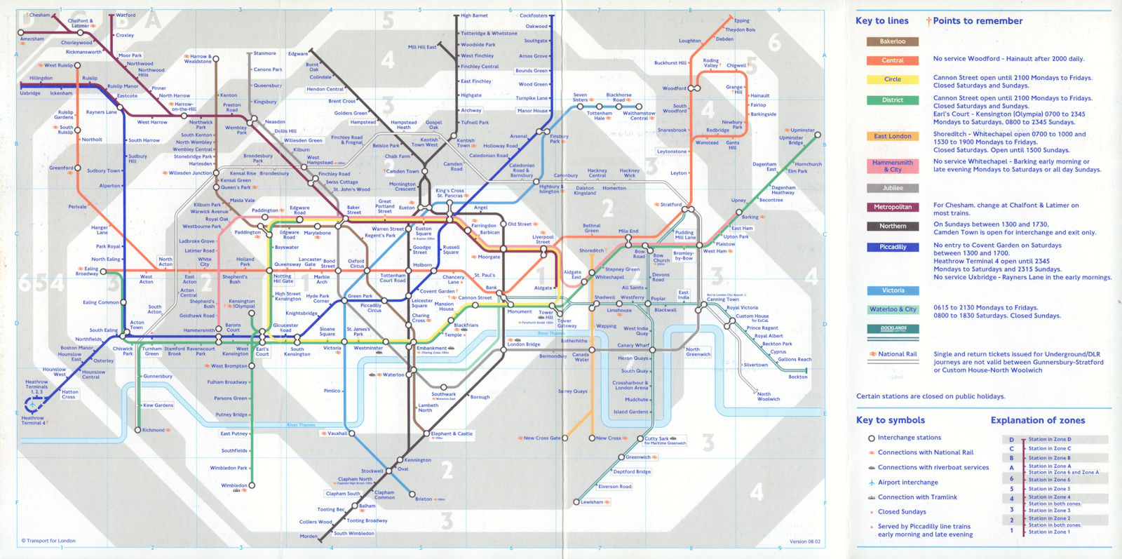 LONDON UNDERGROUND tube map. Fare zones shown. December 2002 old vintage