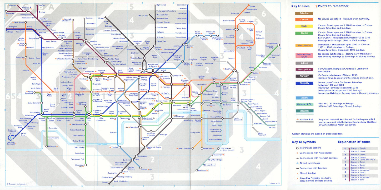 LONDON UNDERGROUND tube map. Fare zones shown. January 2003 old vintage