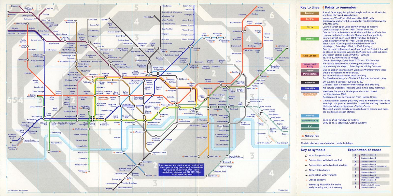 LONDON UNDERGROUND tube map. LHR T4 closed. DLR King George V u/c. June 2005