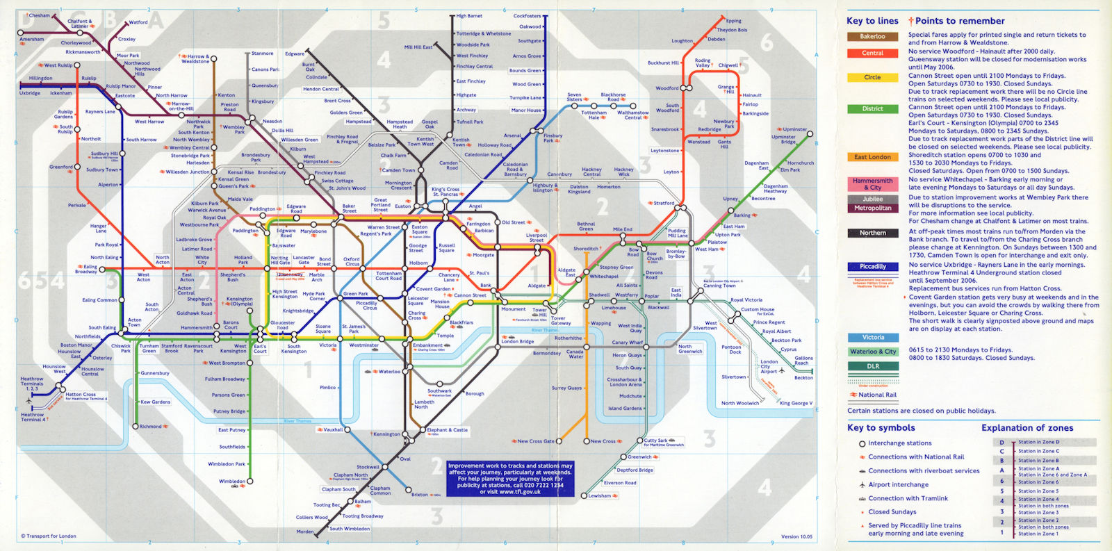 LONDON UNDERGROUND tube map. LHR T4 closed. DLR King George V u/c. October 2005