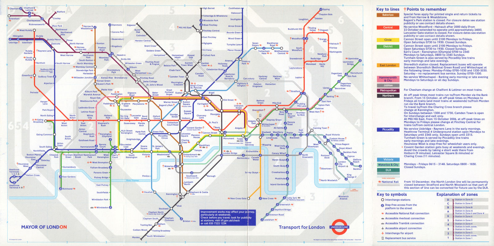 LONDON UNDERGROUND tube map. LHR T4, Waterloo & City reopened. September 2006