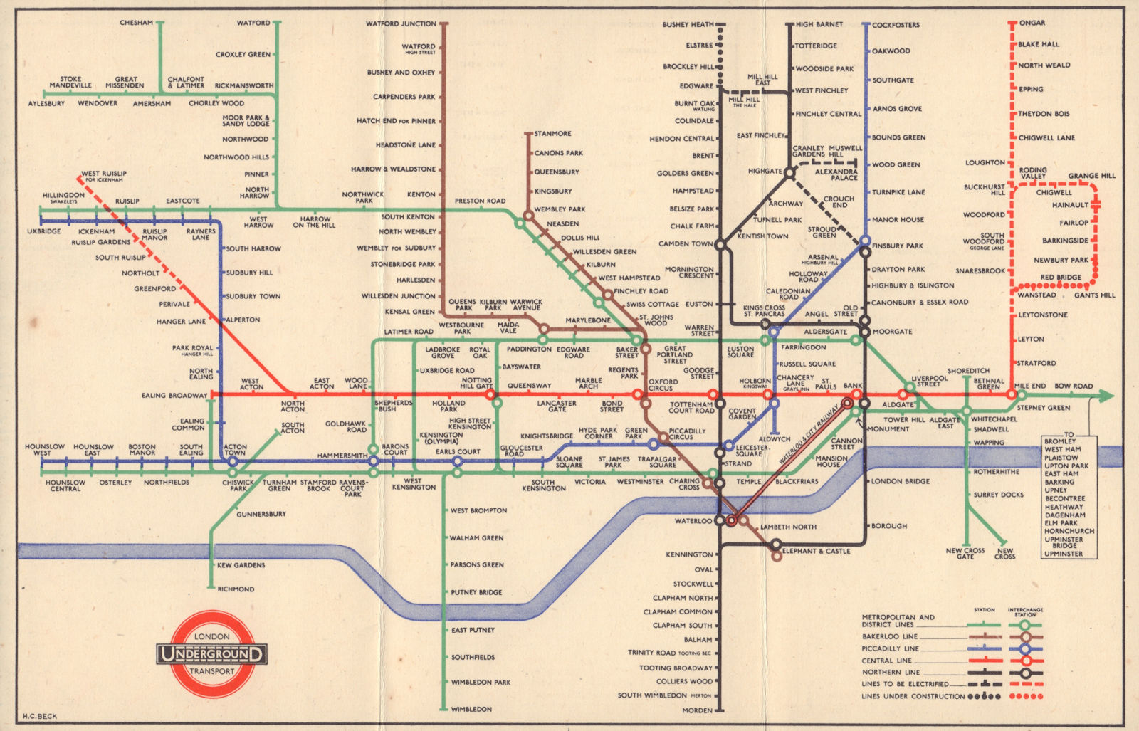 LONDON UNDERGROUND tube map plan. Central line extensions u/c HARRY BECK #1 1947
