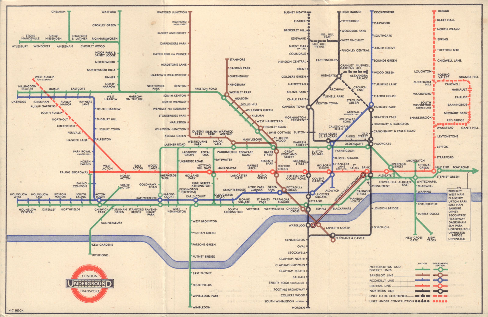 LONDON UNDERGROUND tube map plan. Central line extensions u/c HARRY BECK #1 1947