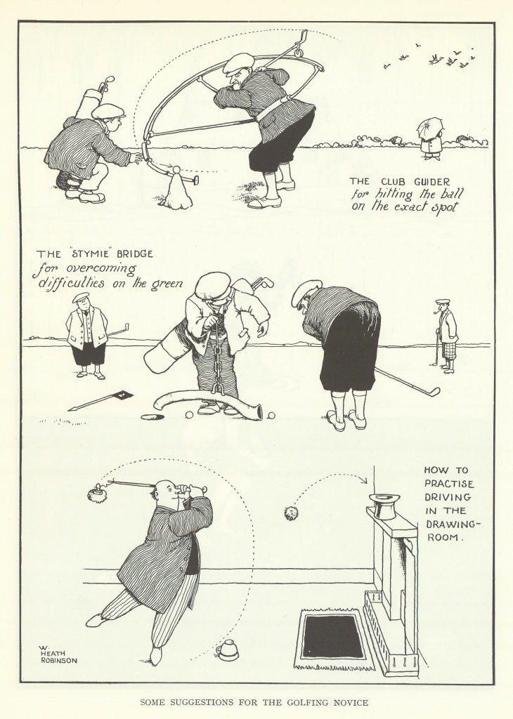 HEATH ROBINSON GOLF CARTOON Some suggestions for the golfing novice 1975 print