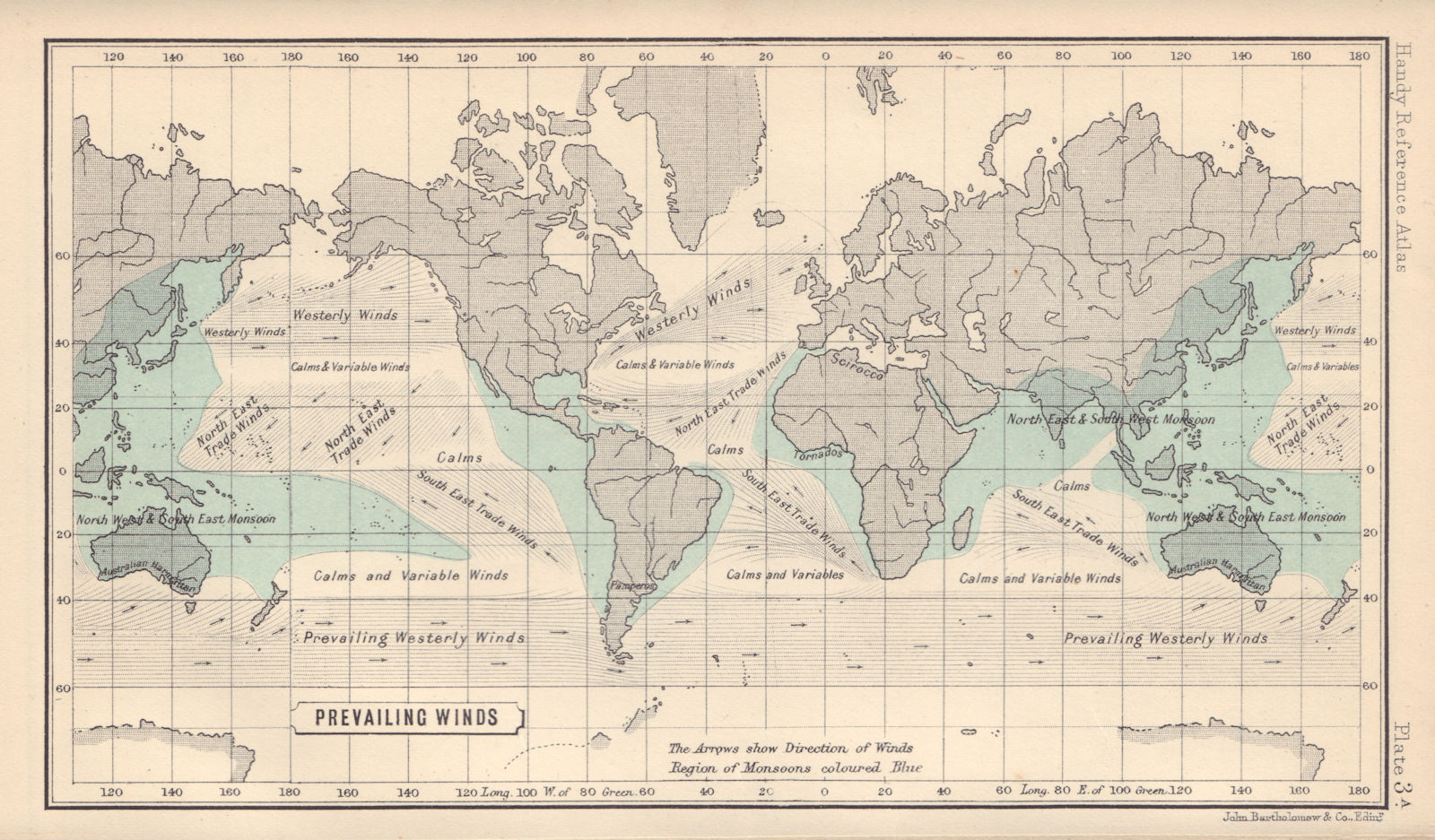 World Prevailing Winds. BARTHOLOMEW 1898 old antique vintage map plan chart