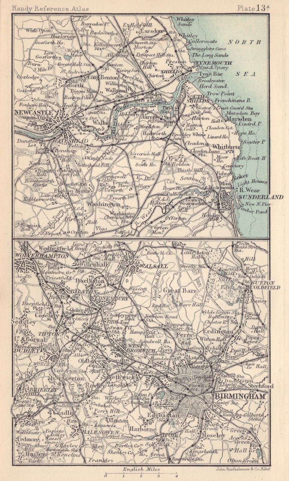 Environs of Birmingham & Newcastle. Warwickshire. BARTHOLOMEW 1898 old map