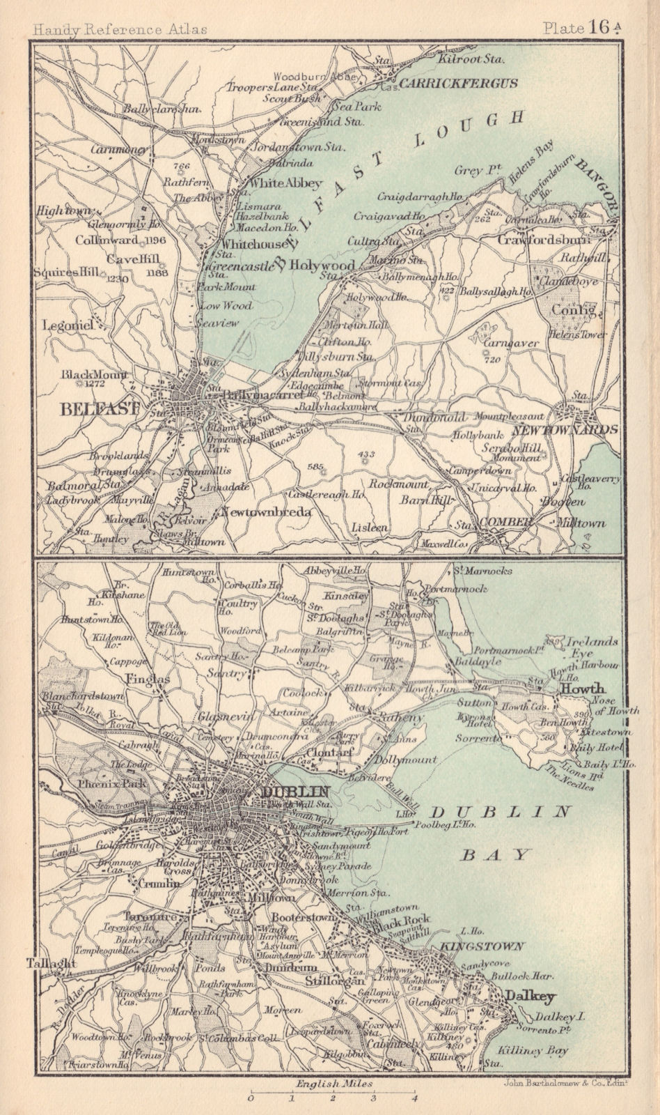 Environs of Belfast & Dublin. Ireland. BARTHOLOMEW 1898 old antique map chart