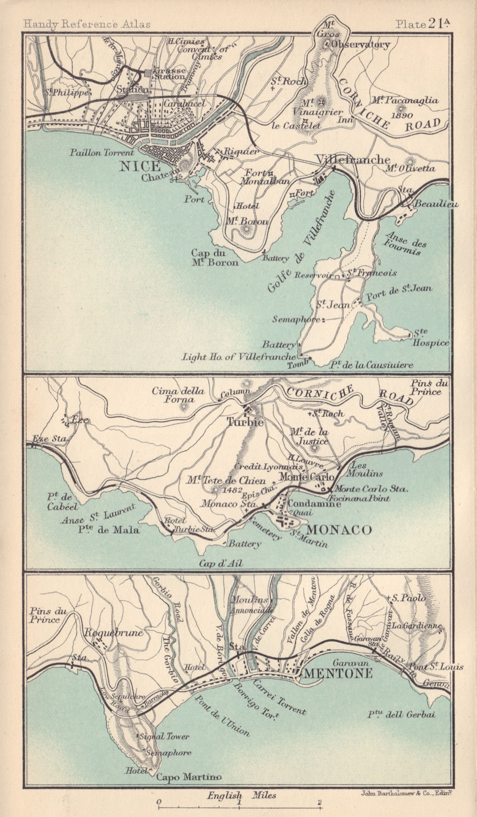 Environs of Nice, Monaco & Menton. Alpes-Maritimes. BARTHOLOMEW 1898 old map
