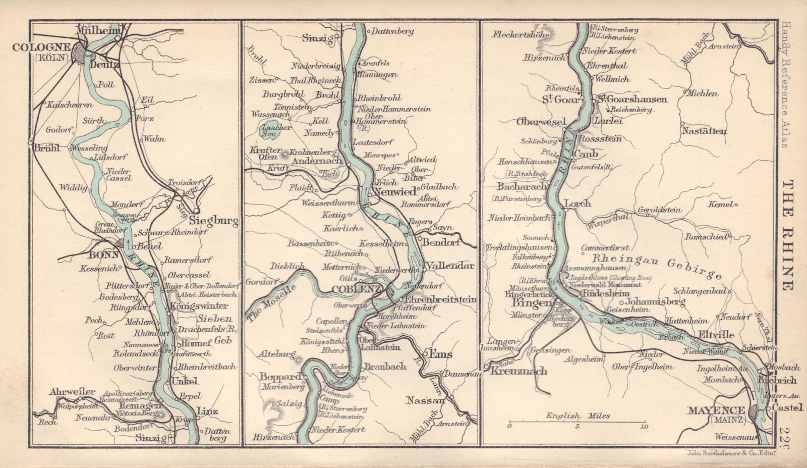 The Rhine. Cologne - Bonn - Coblenz - Mainz. Germany. BARTHOLOMEW 1898 old map