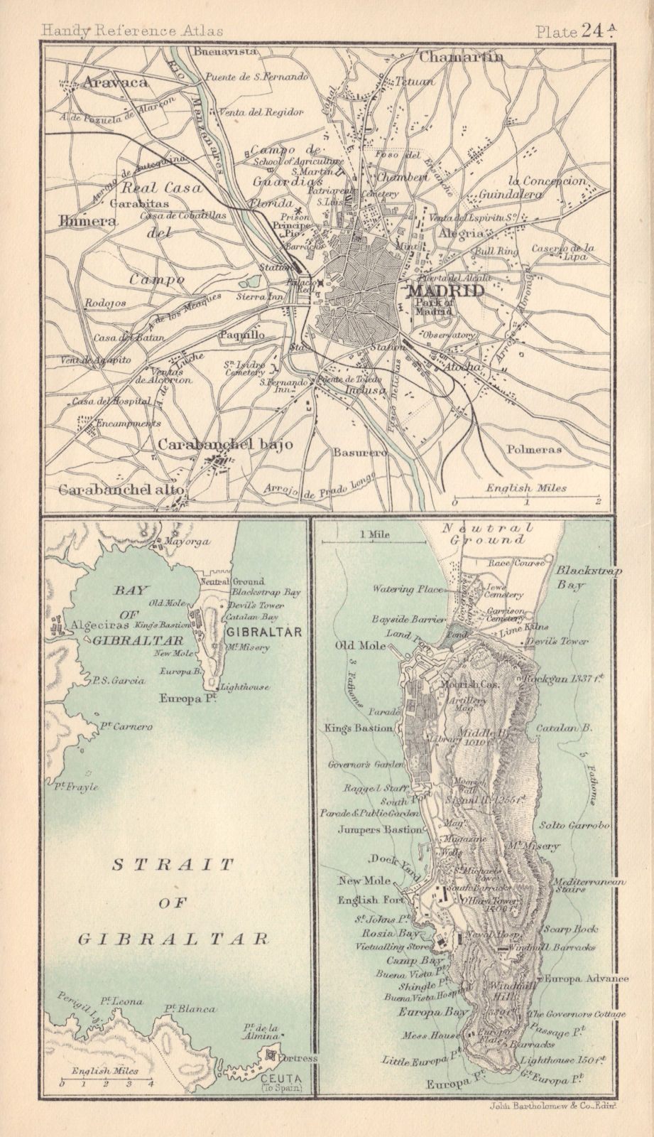 Environs of Madrid & Gibraltar. Spain. BARTHOLOMEW 1898 old antique map chart