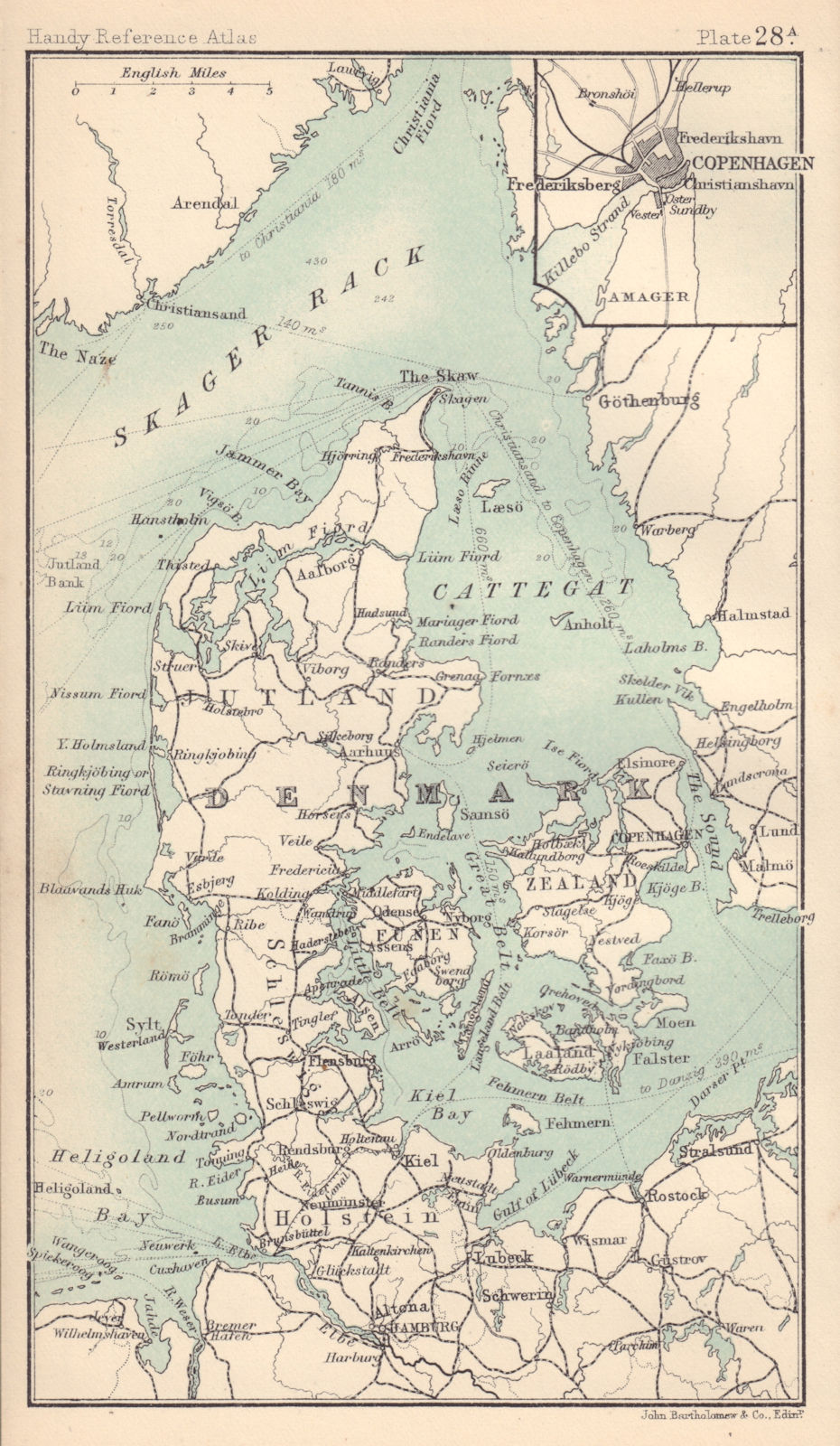Denmark. Inset Copenhagen. BARTHOLOMEW 1898 old antique vintage map plan chart