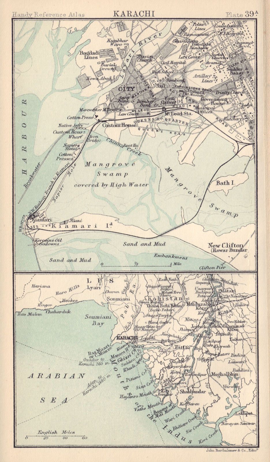 Karachi city plan and environs. Pakistan. BARTHOLOMEW 1898 old antique map