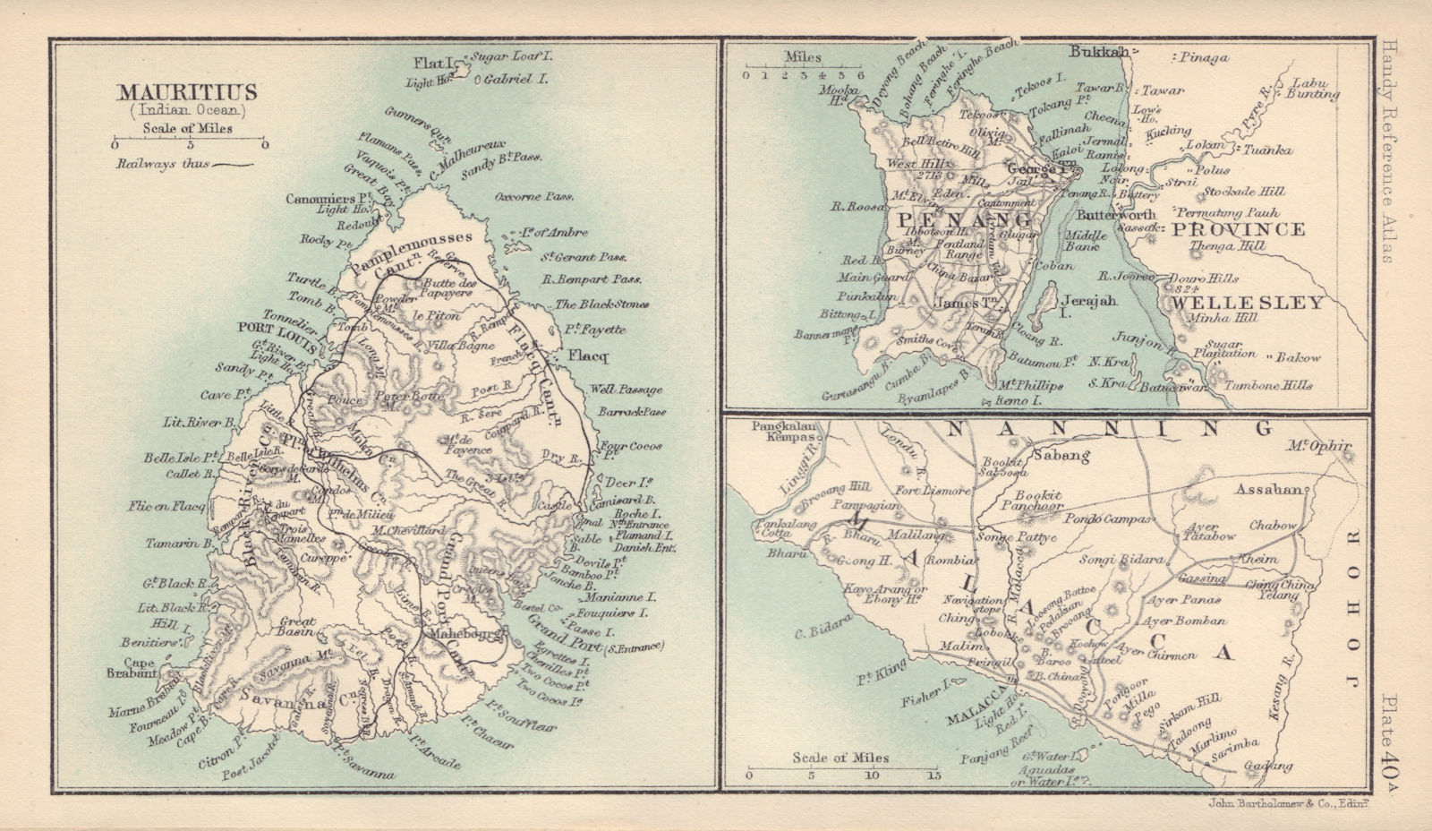 Mauritius, Penang & Malacca. BARTHOLOMEW 1898 old antique map plan chart