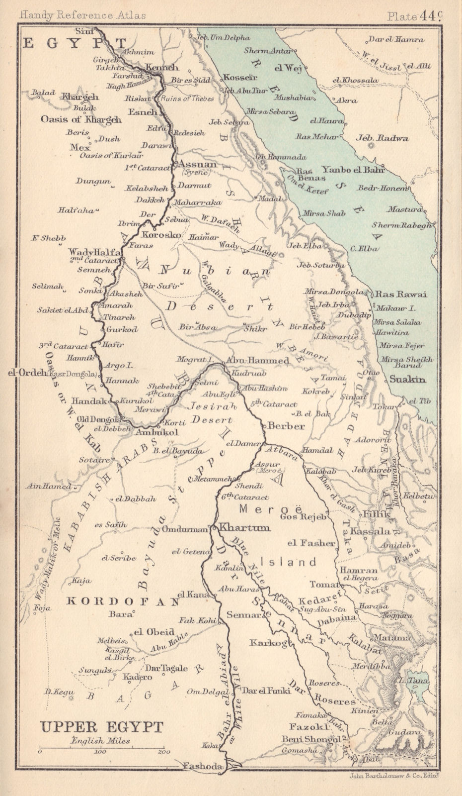 Upper Egypt. Nile Valley. Sudan. Red Sea. BARTHOLOMEW 1898 old antique map