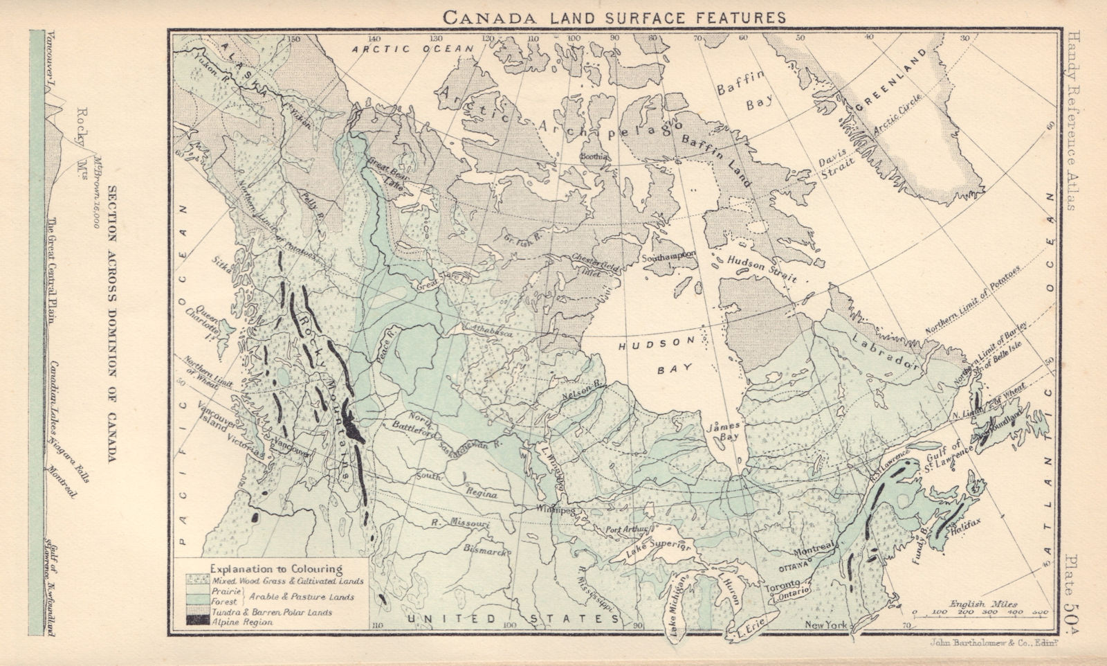 Canada - Land Surface Features. Section across Canada. BARTHOLOMEW 1898 map